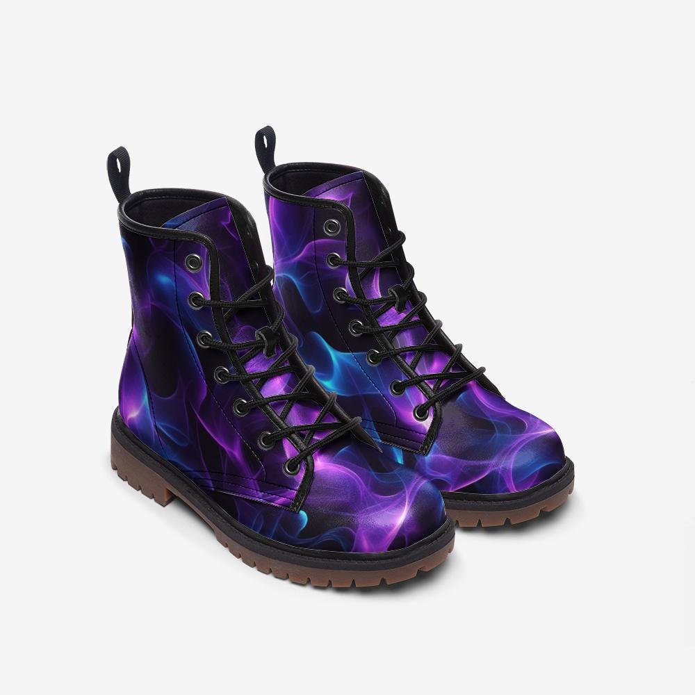 Purple Smoke Combat Boots with Cosmic Abstract Vapor Print