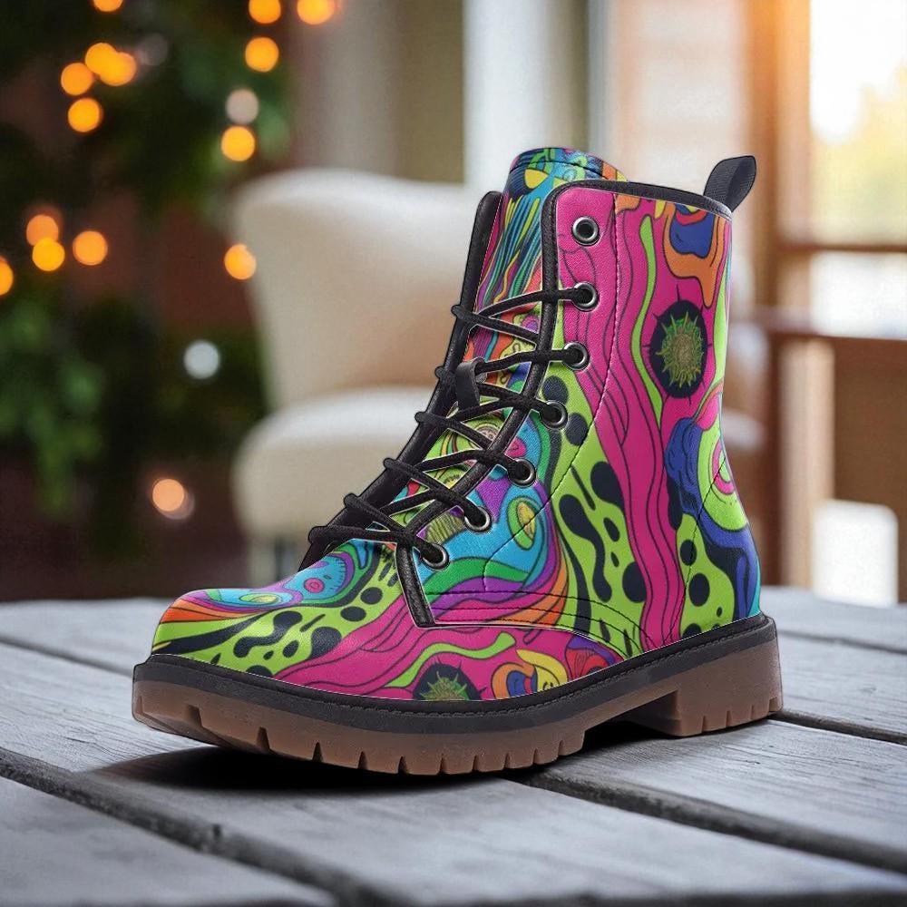 Rainbow Swirl Combat Boots, Psychedelic Festival Shoes, Rave Footwear for Women and Men