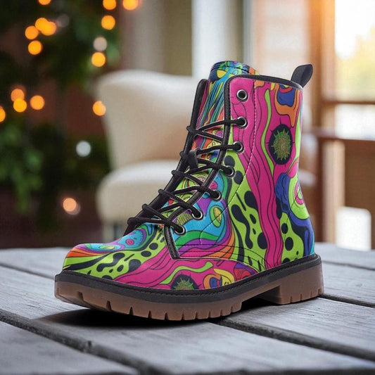 Rainbow Swirl Combat Boots, Psychedelic Festival Shoes, Rave Footwear for Women and Men
