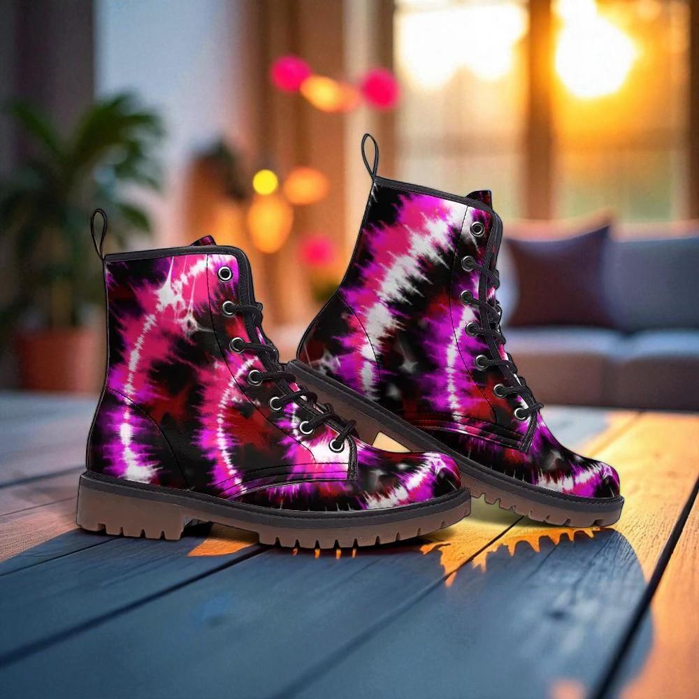 Pink Tie Dye Combat Boots, Festival Rave Shoes, Psychedelic Alt Style, Vegan Leather