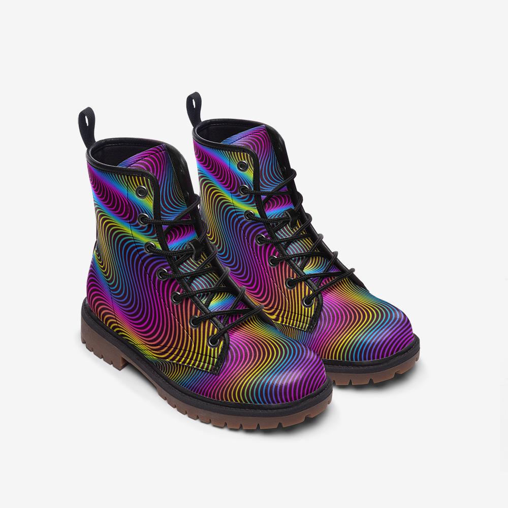 Rainbow Swirl Platform Boots, Psychedelic Festival Rave Style, Trippy Combat Boots, Colorful Rave Footwear