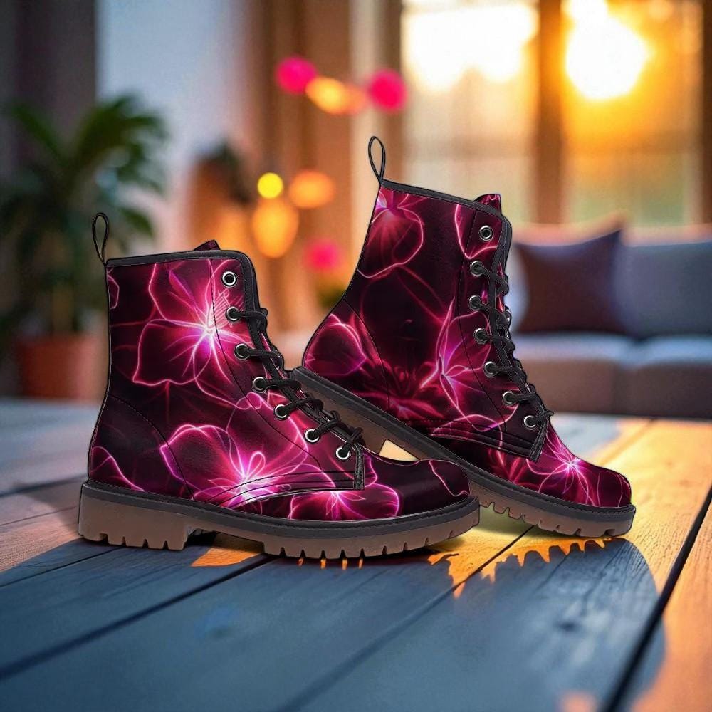 Neon Flower Combat Boots, Rave Festival Lace-Up Platform Boots, Electric Punk Shoes