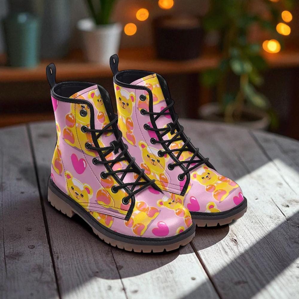 Pink gummy bear boots, pastel rave shoes, dopamine lace-up boots, candy vibe festival footwear