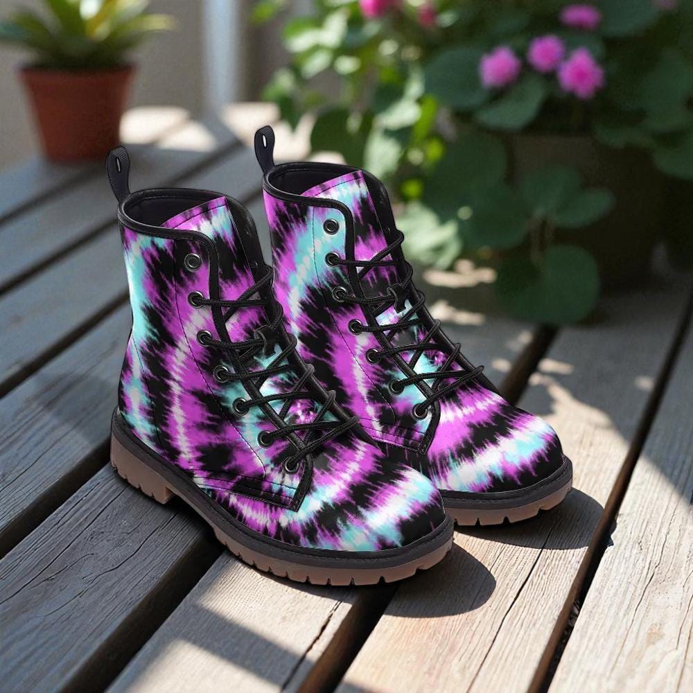 Tie dye combat boots, festival rave lace up shoes, dopamine vibe