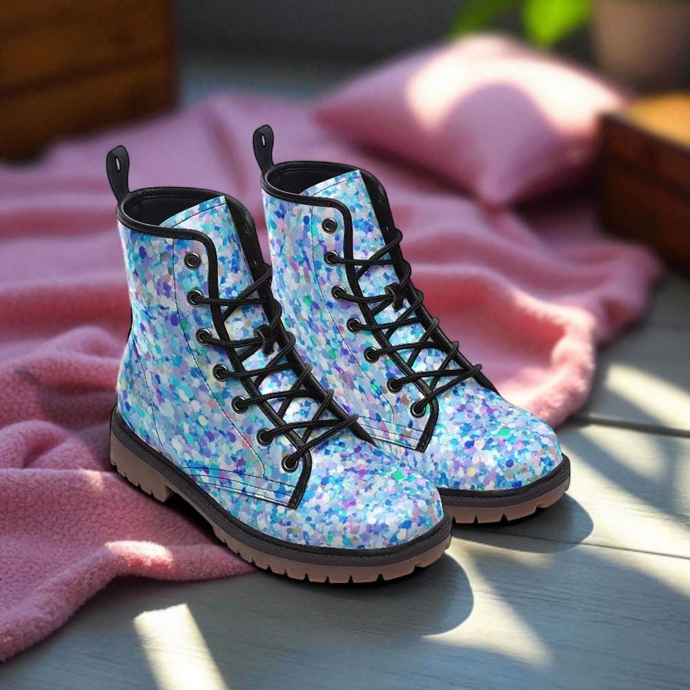 Blue Glitter Combat Boots, Sparkly Rave Shoes, Festival Ankle Boots, Alternative Party Footwear