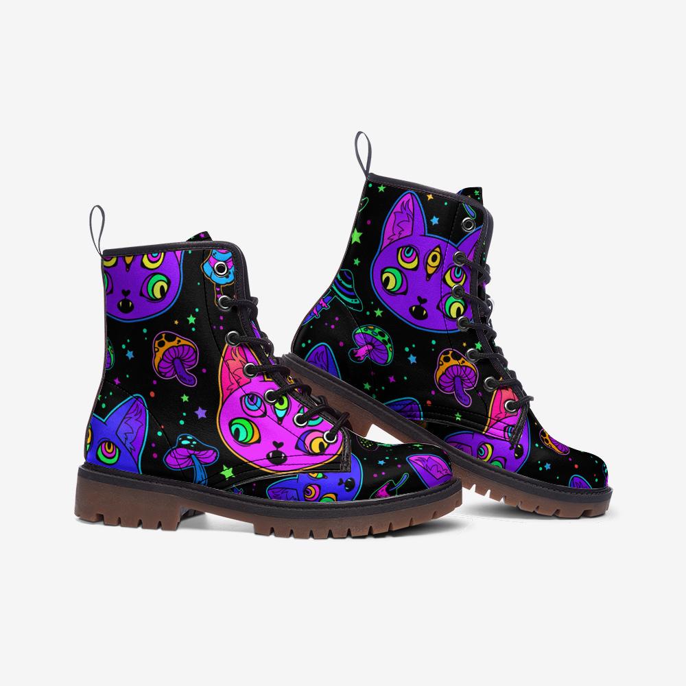 Psychedelic Cat Combat Boots with Mushroom Pattern and Trippy Art