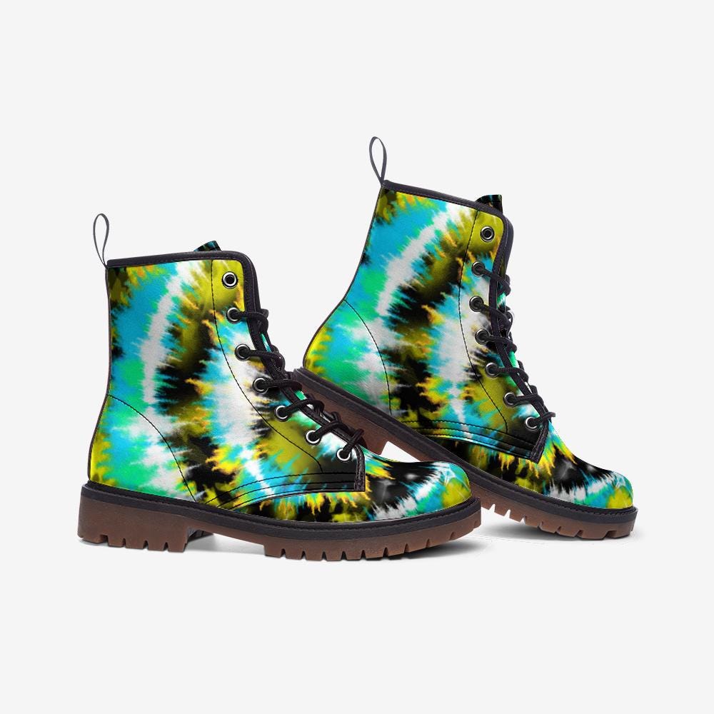 Green Tie Dye Combat Boots with Psychedelic Color Pattern