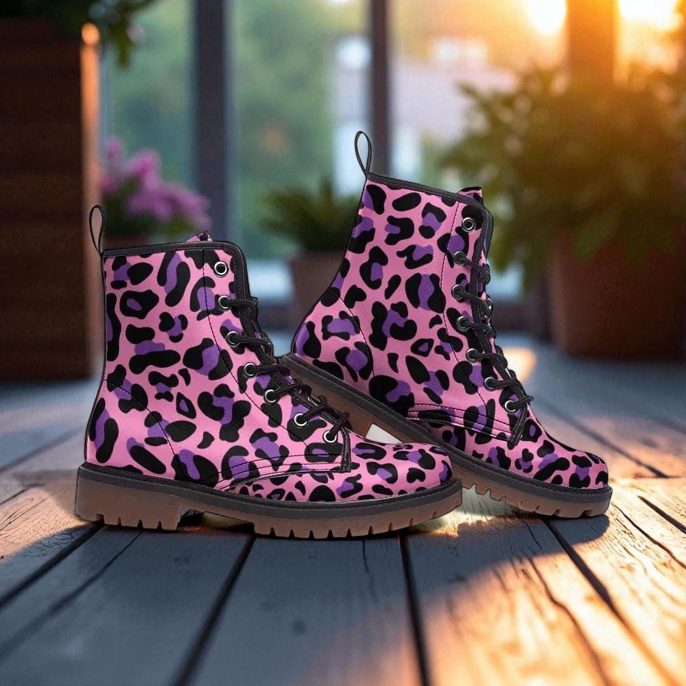 Pink leopard boots, festival rave lace up shoes, alt party footwear