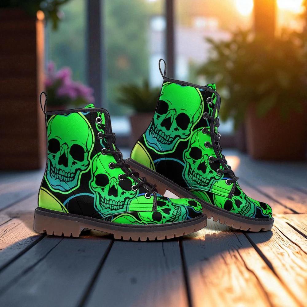 Neon Green Skull Combat Boots, Punk Rave Shoes, Festival Rave Footwear, Vegan Leather, Alternative Streetwear