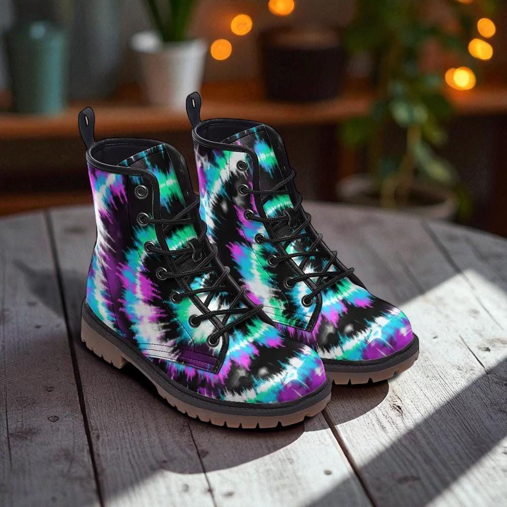 Teal Purple Tie Dye Boots, Rave Combat Shoes, Psychedelic Festival Footwear, Vegan Leather, Neon Punk Sneakers