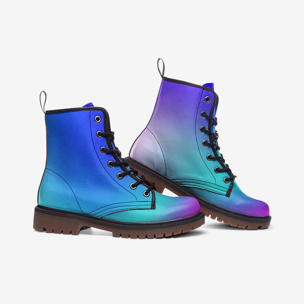 Holographic Combat Boots, Blue Purple Gradient Ankle Boots, Festival, Rave, Cyber Fairy Style