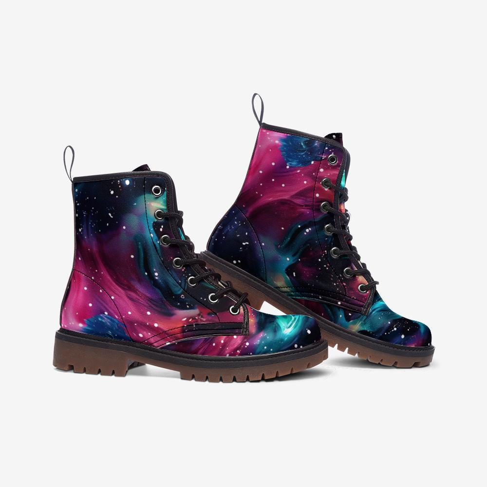 Nebula Combat Boots with Galaxy Design, Space Stars, Rave Footwear, Festival Lace Up Shoes