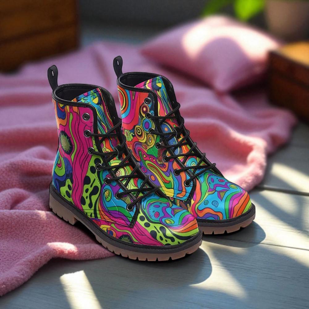 Rainbow Swirl Combat Boots, Psychedelic Festival Shoes, Rave Footwear for Women and Men