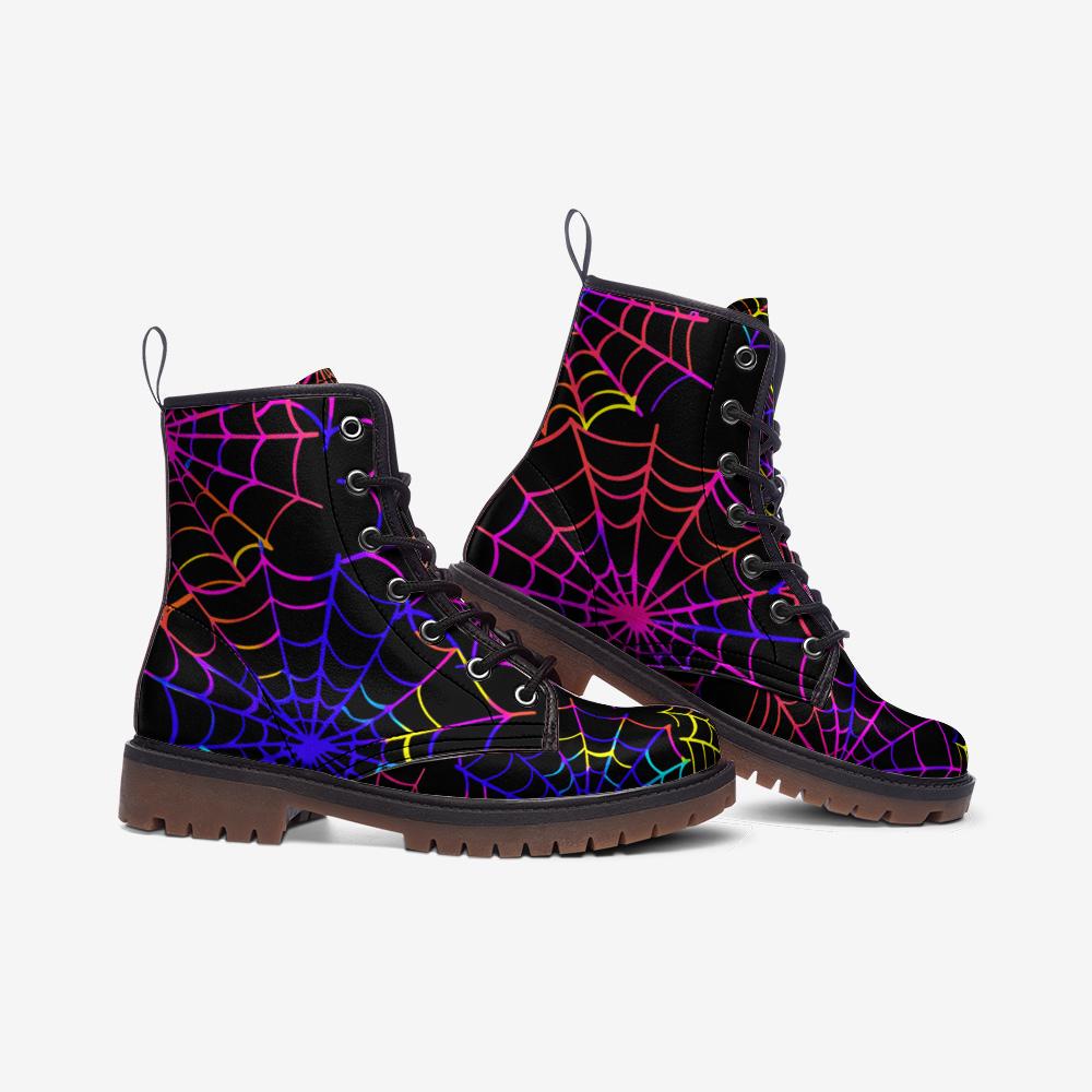 Rainbow Spiderweb Combat Boots with Dark Fantasy Halloween Vibe