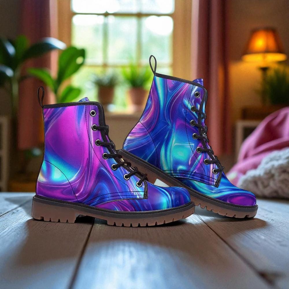 Holographic swirl boots, iridescent rave lace up shoes, festival style