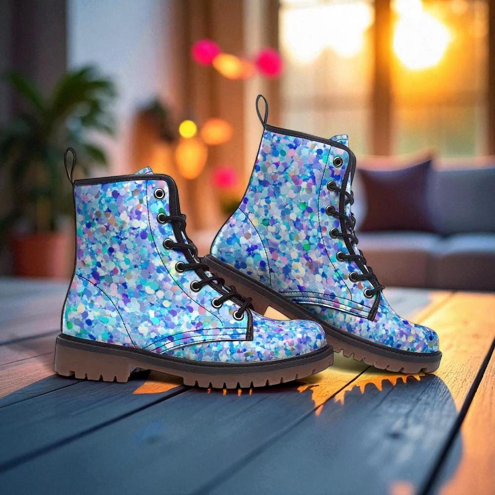 Blue Glitter Combat Boots, Sparkly Rave Shoes, Festival Ankle Boots, Alternative Party Footwear