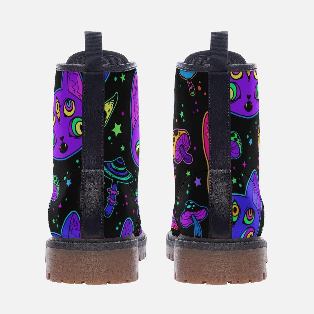 Psychedelic Cat Combat Boots with Mushroom Pattern and Trippy Art