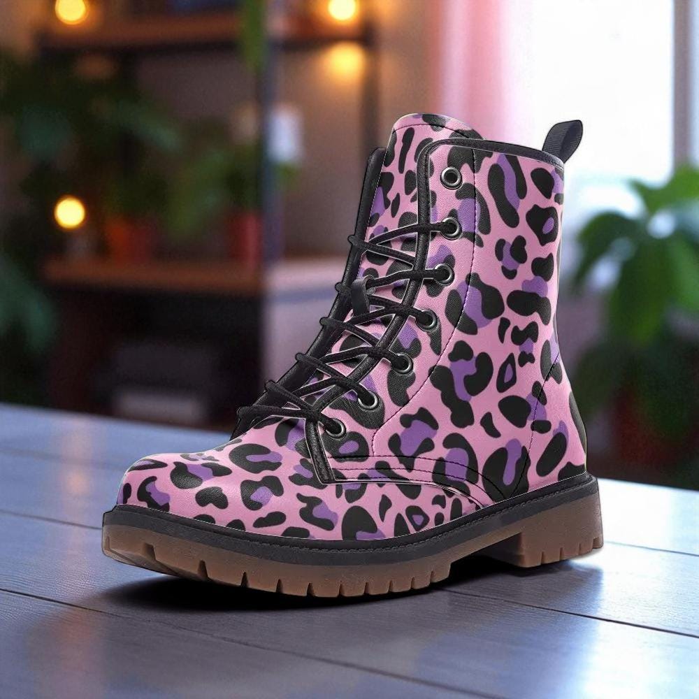 Pink leopard boots, festival rave lace up shoes, alt party footwear