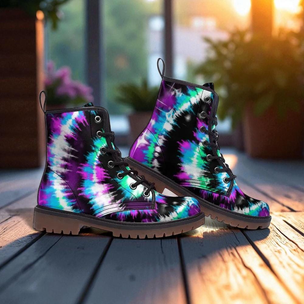 Teal Purple Tie Dye Boots, Rave Combat Shoes, Psychedelic Festival Footwear, Vegan Leather, Neon Punk Sneakers
