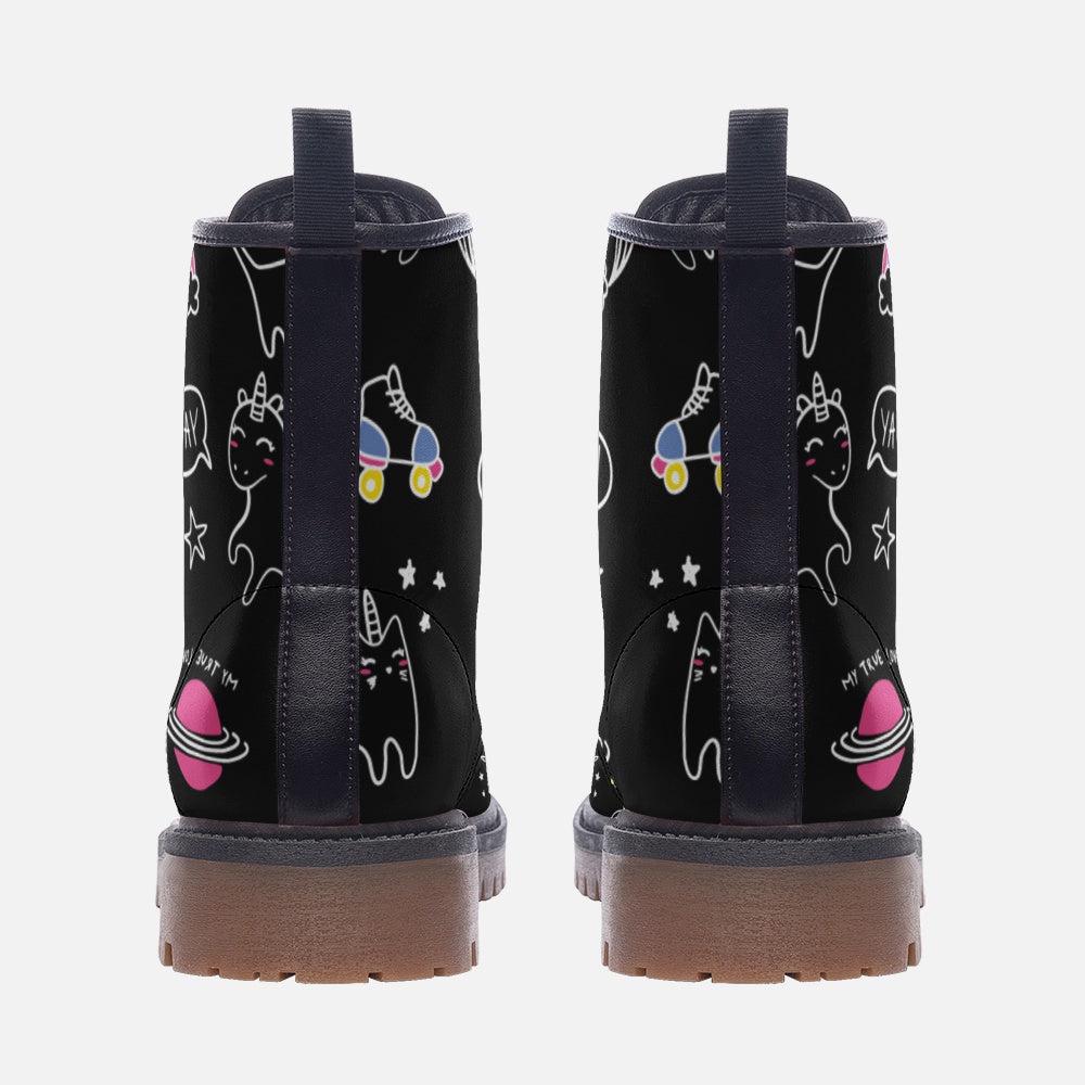 Cute Cat Combat Boots with Space Cartoon Design and Cosmic Art