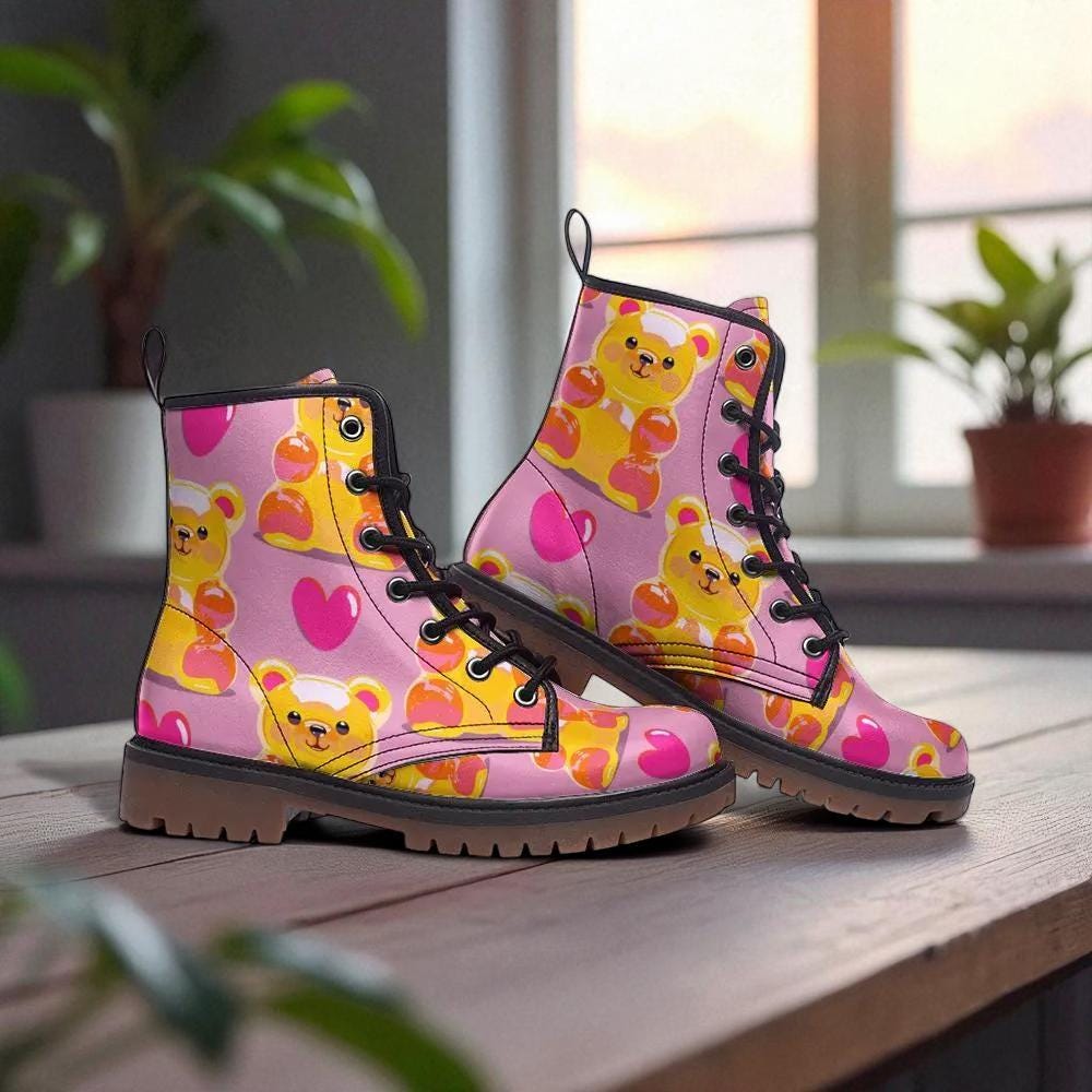 Pink gummy bear boots, pastel rave shoes, dopamine lace-up boots, candy vibe festival footwear
