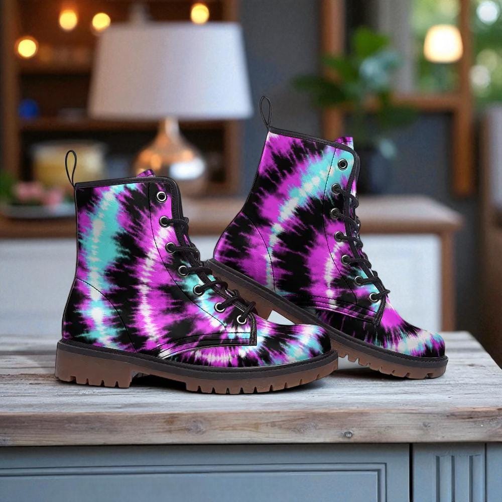 Tie dye combat boots, festival rave lace up shoes, dopamine vibe