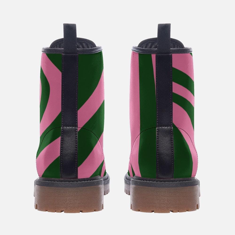 Pink Green Swirl Combat Boots with Retro Funky Design