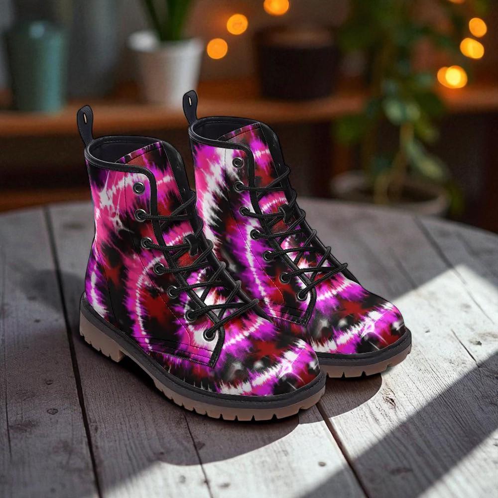 Pink Tie Dye Combat Boots, Festival Rave Shoes, Psychedelic Alt Style, Vegan Leather