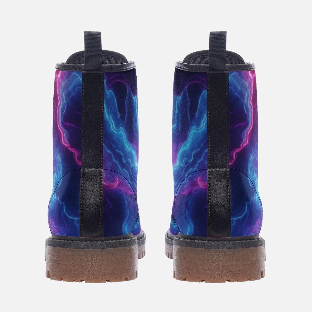 Electric lightning combat boots with cosmic storm energy print, rave, festival, bold statement footwear