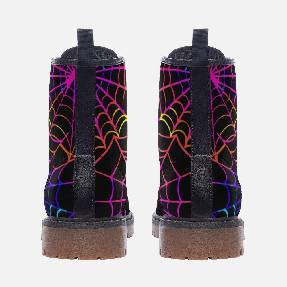 Rainbow Spiderweb Combat Boots with Dark Fantasy Halloween Vibe