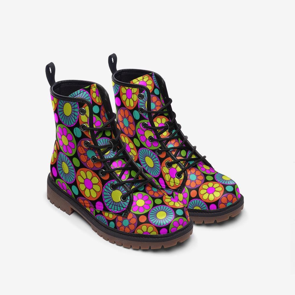 Psychedelic Daisy Boots, Festival Lace Up Shoes, Retro Rave Combat Boots, Vibrant Floral Footwear