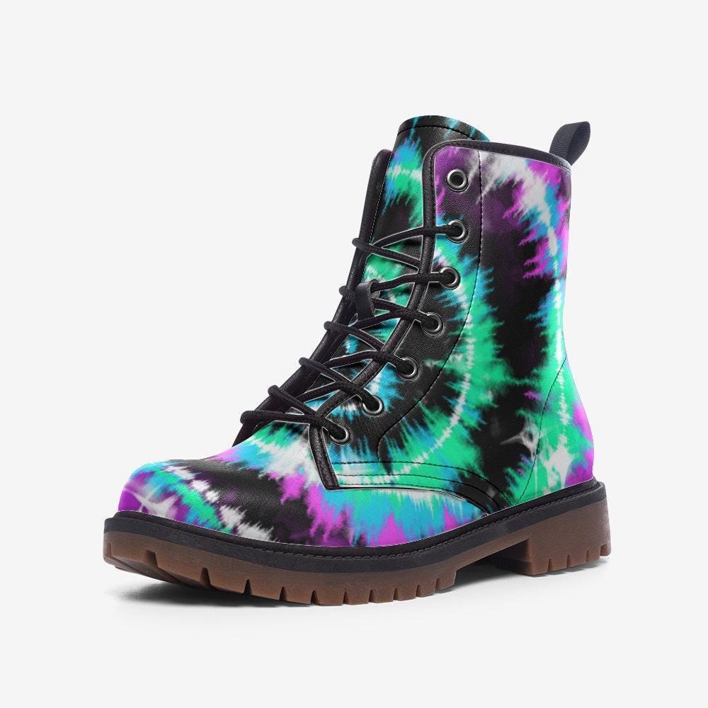 Teal Purple Tie Dye Boots, Rave Combat Shoes, Psychedelic Festival Footwear, Vegan Leather, Neon Punk Sneakers