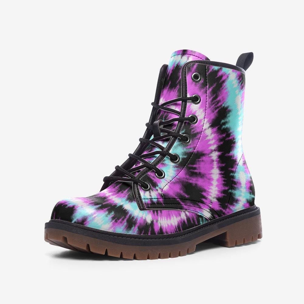 Tie dye combat boots, festival rave lace up shoes, dopamine vibe