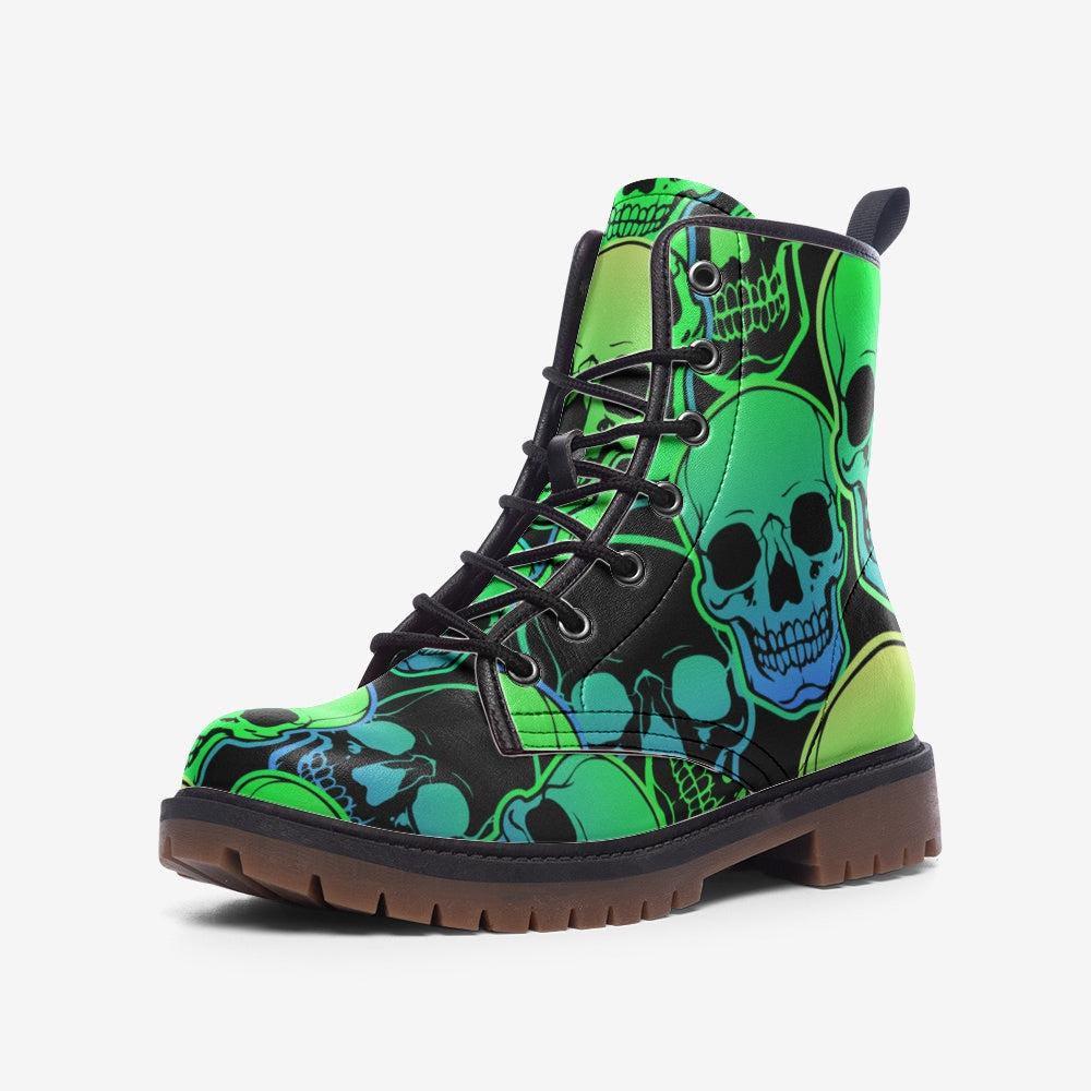 Neon Green Skull Combat Boots, Punk Rave Shoes, Festival Rave Footwear, Vegan Leather, Alternative Streetwear