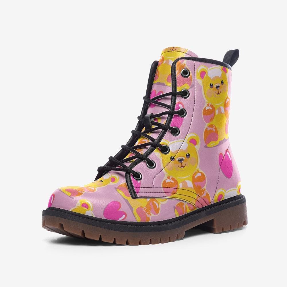 Pink gummy bear boots, pastel rave shoes, dopamine lace-up boots, candy vibe festival footwear