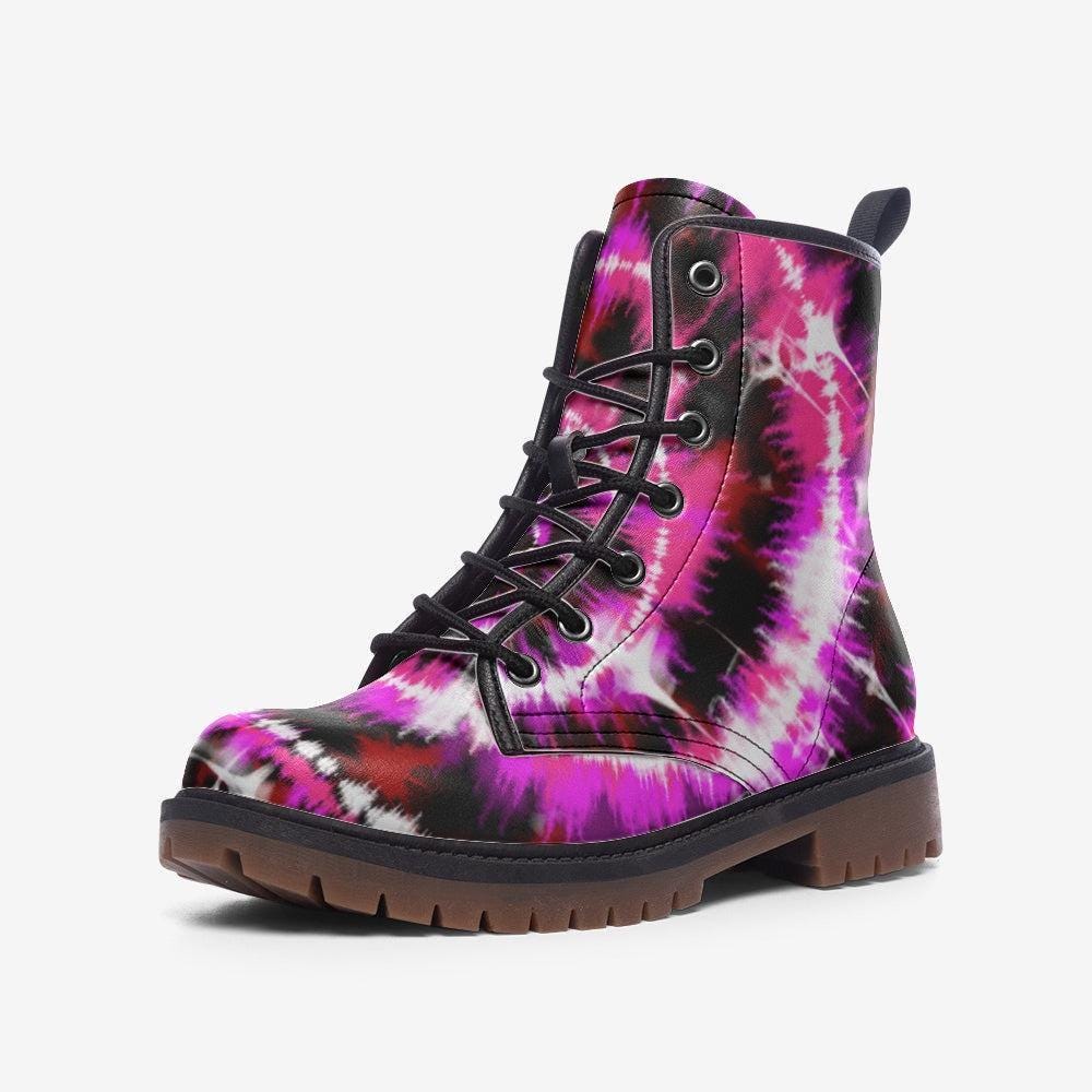 Pink Tie Dye Combat Boots, Festival Rave Shoes, Psychedelic Alt Style, Vegan Leather