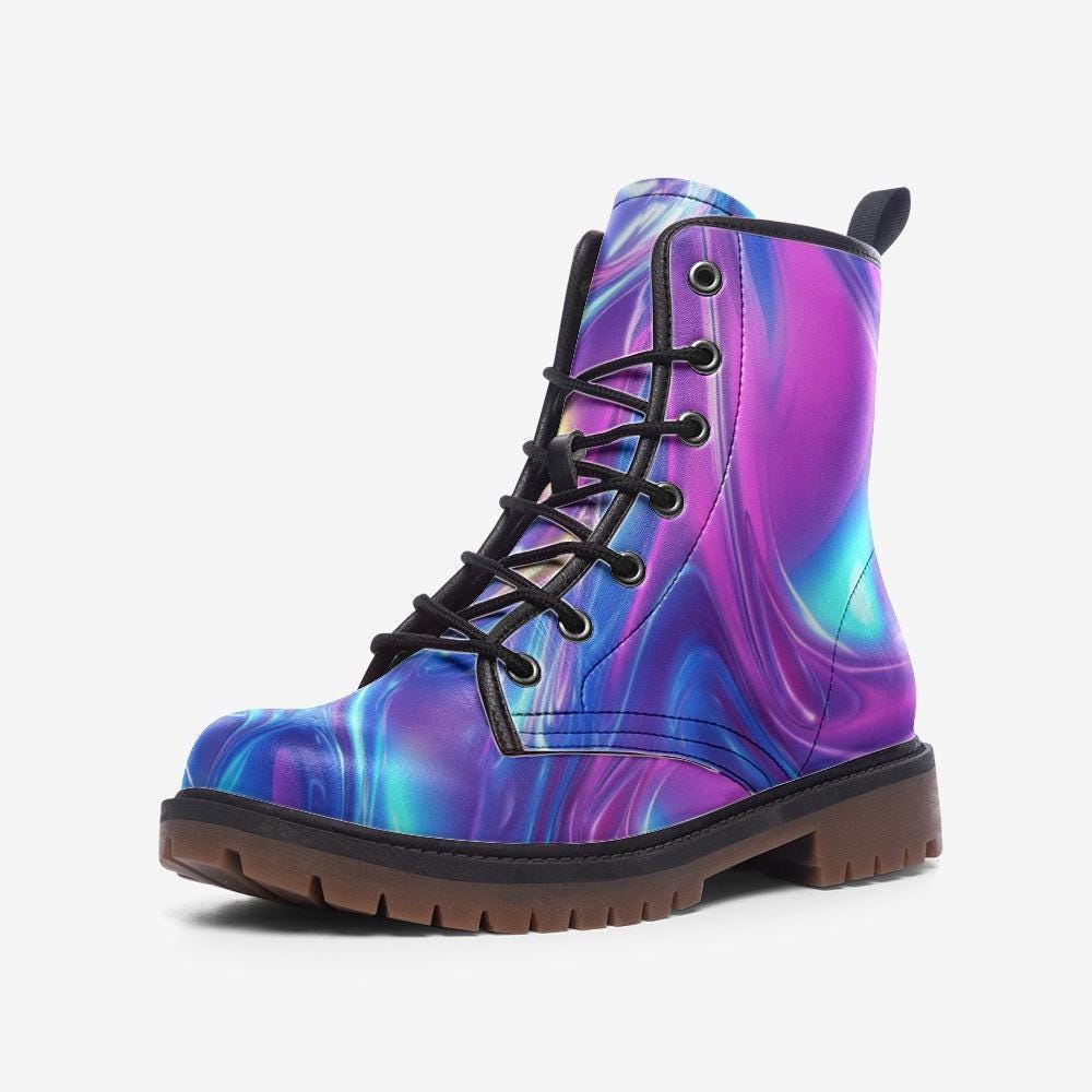 Holographic swirl boots, iridescent rave lace up shoes, festival style
