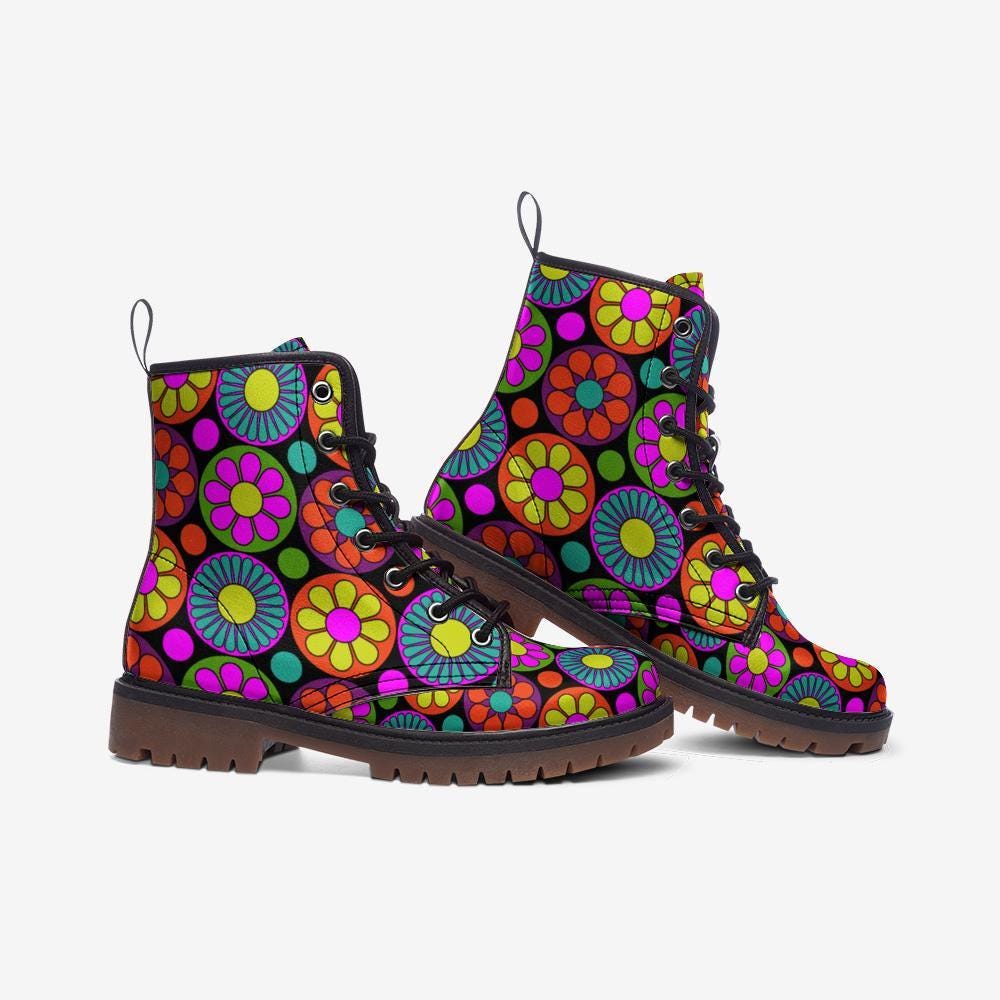 Psychedelic Daisy Boots, Festival Lace Up Shoes, Retro Rave Combat Boots, Vibrant Floral Footwear