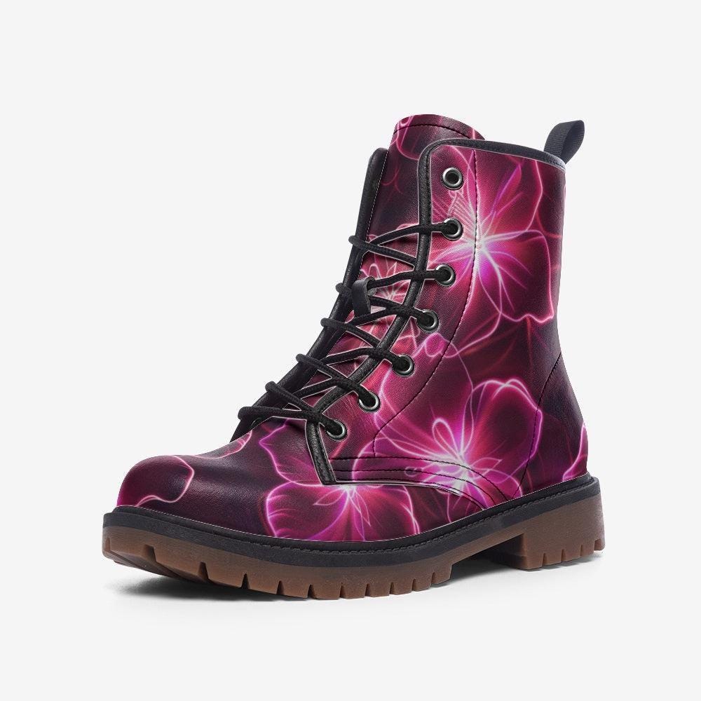 Neon Flower Combat Boots, Rave Festival Lace-Up Platform Boots, Electric Punk Shoes