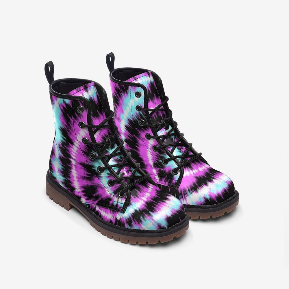 Tie dye combat boots, festival rave lace up shoes, dopamine vibe