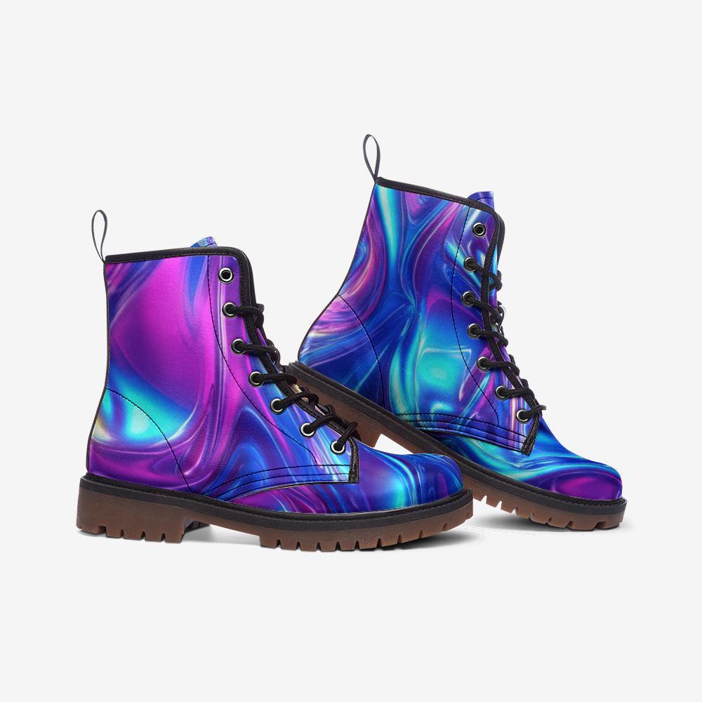 Holographic swirl boots, iridescent rave lace up shoes, festival style
