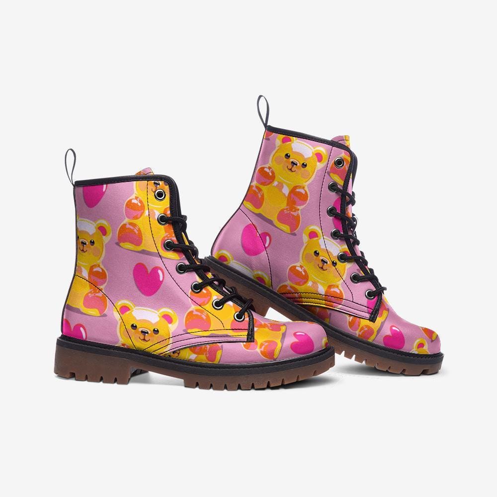 Pink gummy bear boots, pastel rave shoes, dopamine lace-up boots, candy vibe festival footwear