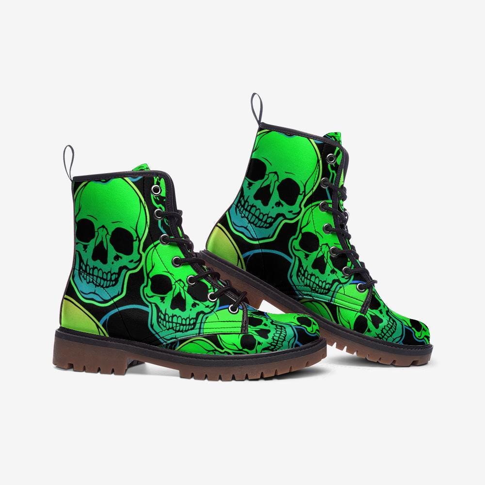Neon Green Skull Combat Boots, Punk Rave Shoes, Festival Rave Footwear, Vegan Leather, Alternative Streetwear