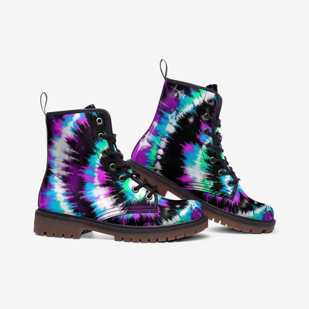 Teal Purple Tie Dye Boots, Rave Combat Shoes, Psychedelic Festival Footwear, Vegan Leather, Neon Punk Sneakers