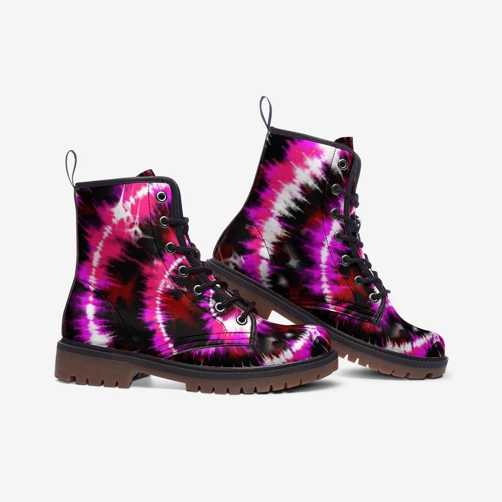 Pink Tie Dye Combat Boots, Festival Rave Shoes, Psychedelic Alt Style, Vegan Leather
