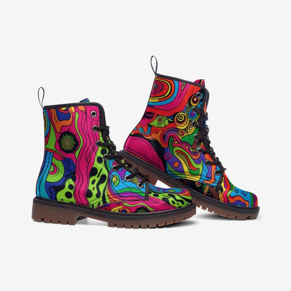 Rainbow Swirl Combat Boots, Psychedelic Festival Shoes, Rave Footwear for Women and Men