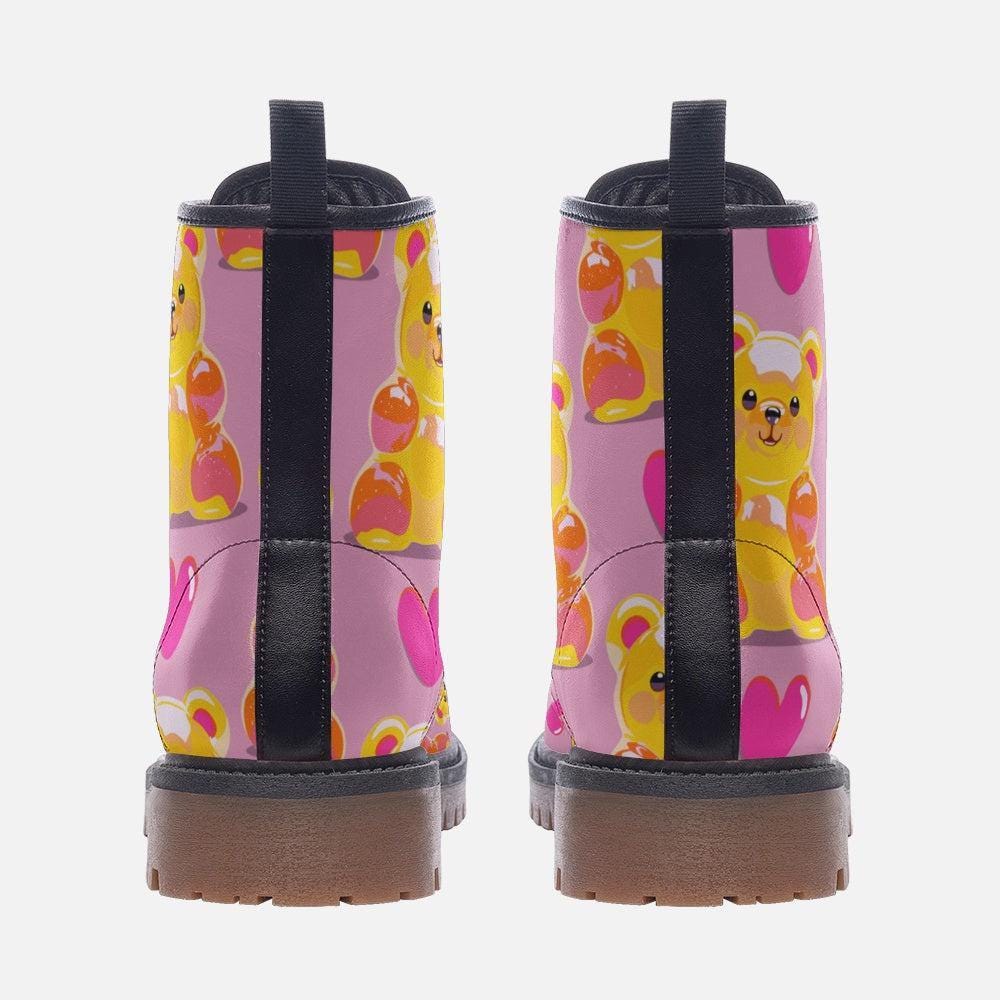 Pink gummy bear boots, pastel rave shoes, dopamine lace-up boots, candy vibe festival footwear