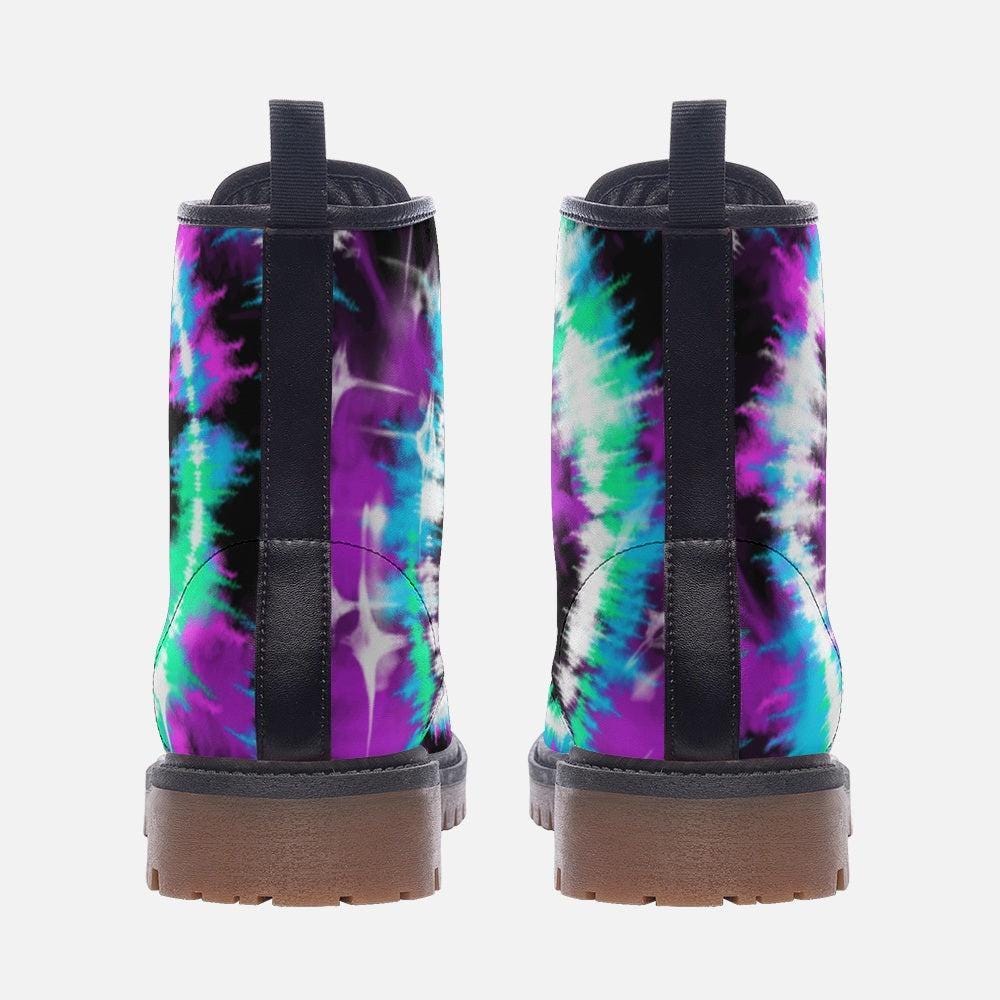 Teal Purple Tie Dye Boots, Rave Combat Shoes, Psychedelic Festival Footwear, Vegan Leather, Neon Punk Sneakers
