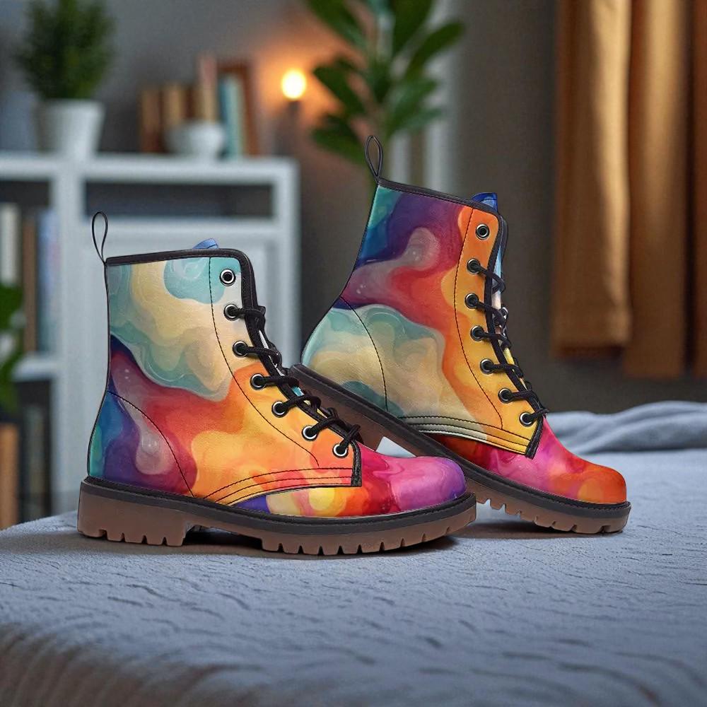 Watercolor Swirl Boots, Bold Colorful Combat Shoes for Artsy Festival Looks