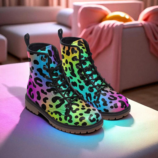 Neon Rainbow Leopard Boots, Colorful Statement Combat Shoes for Party Outfits